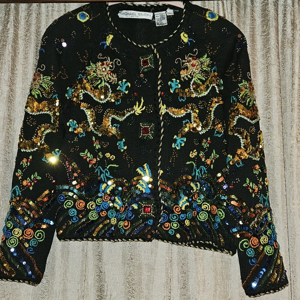 Vintage Michael Simon Year of the Dragon Beaded And Sequined Sweater Cardigan